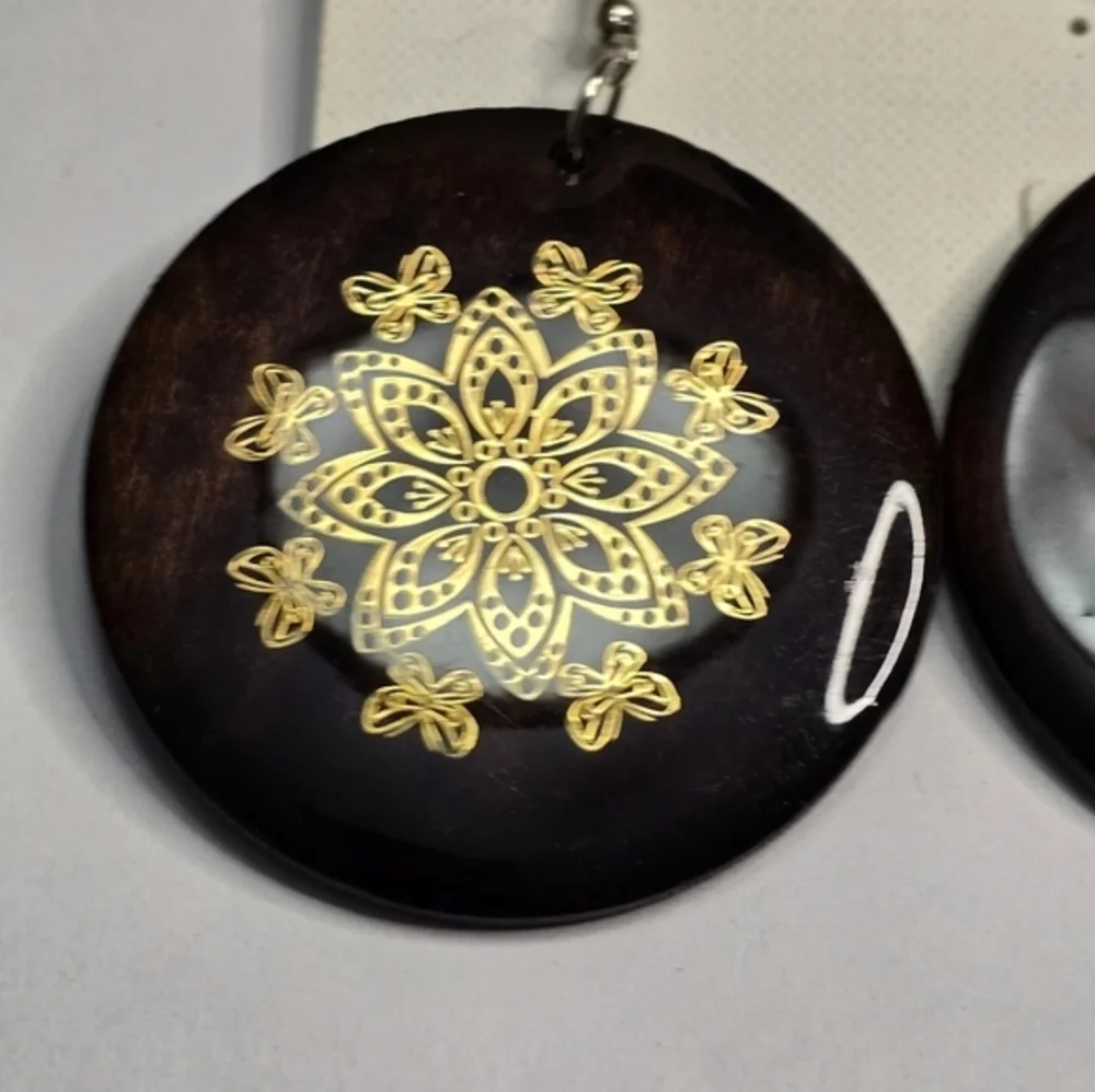 Treska Earrings Brown & Gold Flower Round Dangle Drop‎ Bohemian New